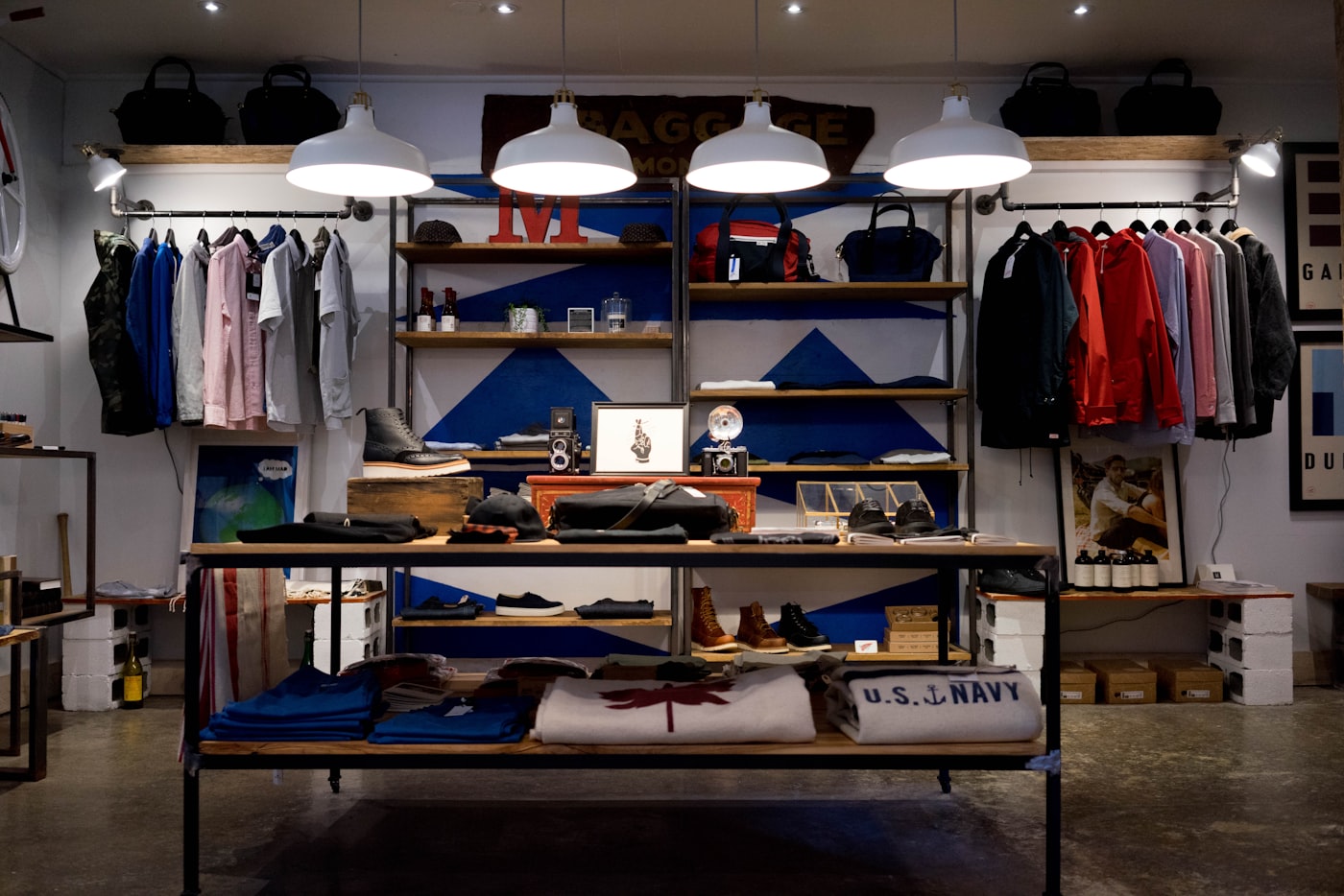 Retail clothing aisle with product displays