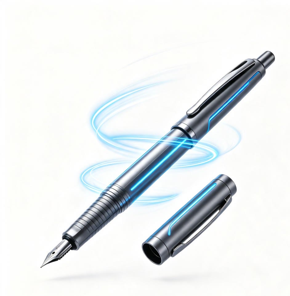 Futuristic fountain pen — text to video vs image to video ecommerce metaphor