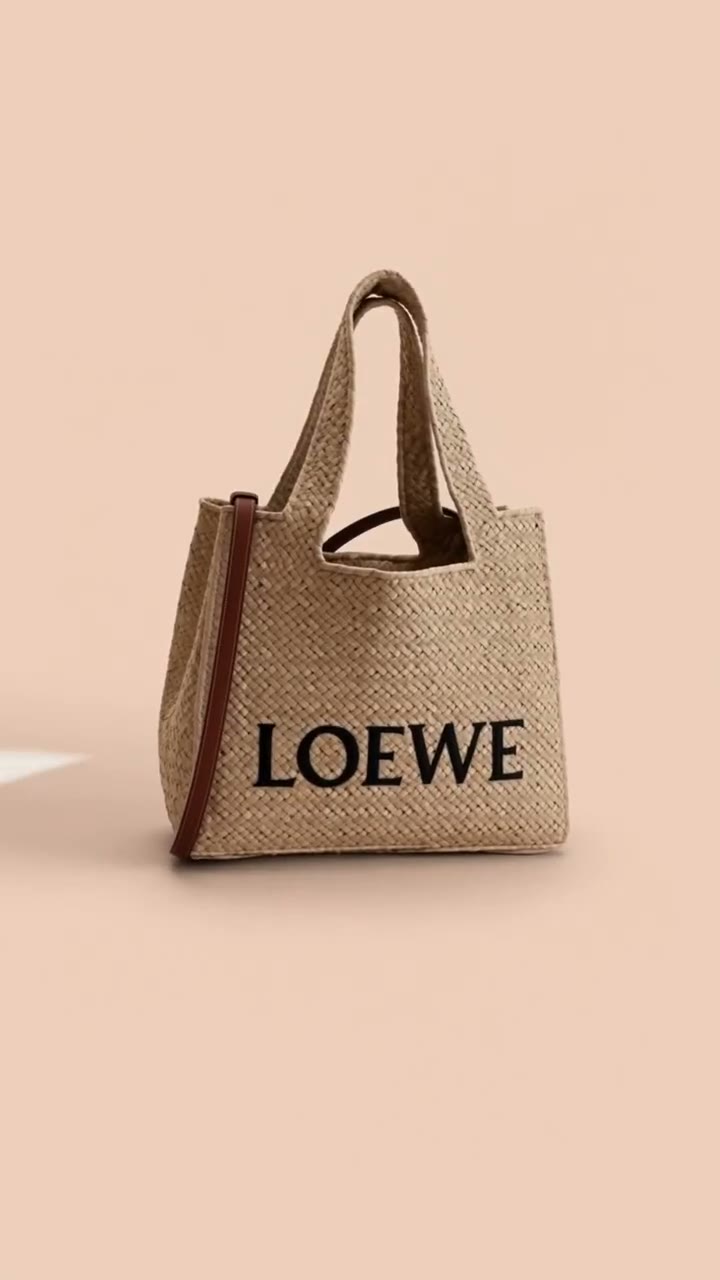 Product link to video AI result — woven tote lighting push-in from a marketplace still