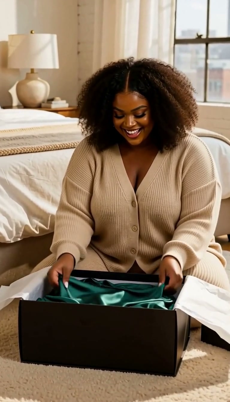 Inclusive fashion AI video — plus-size Black woman unboxing an emerald wrap dress